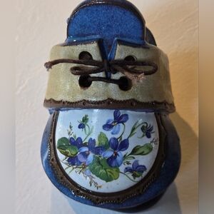 Vintage Clay Cobbler Terra Cotta Pottery Shoe Planter With Violets Design